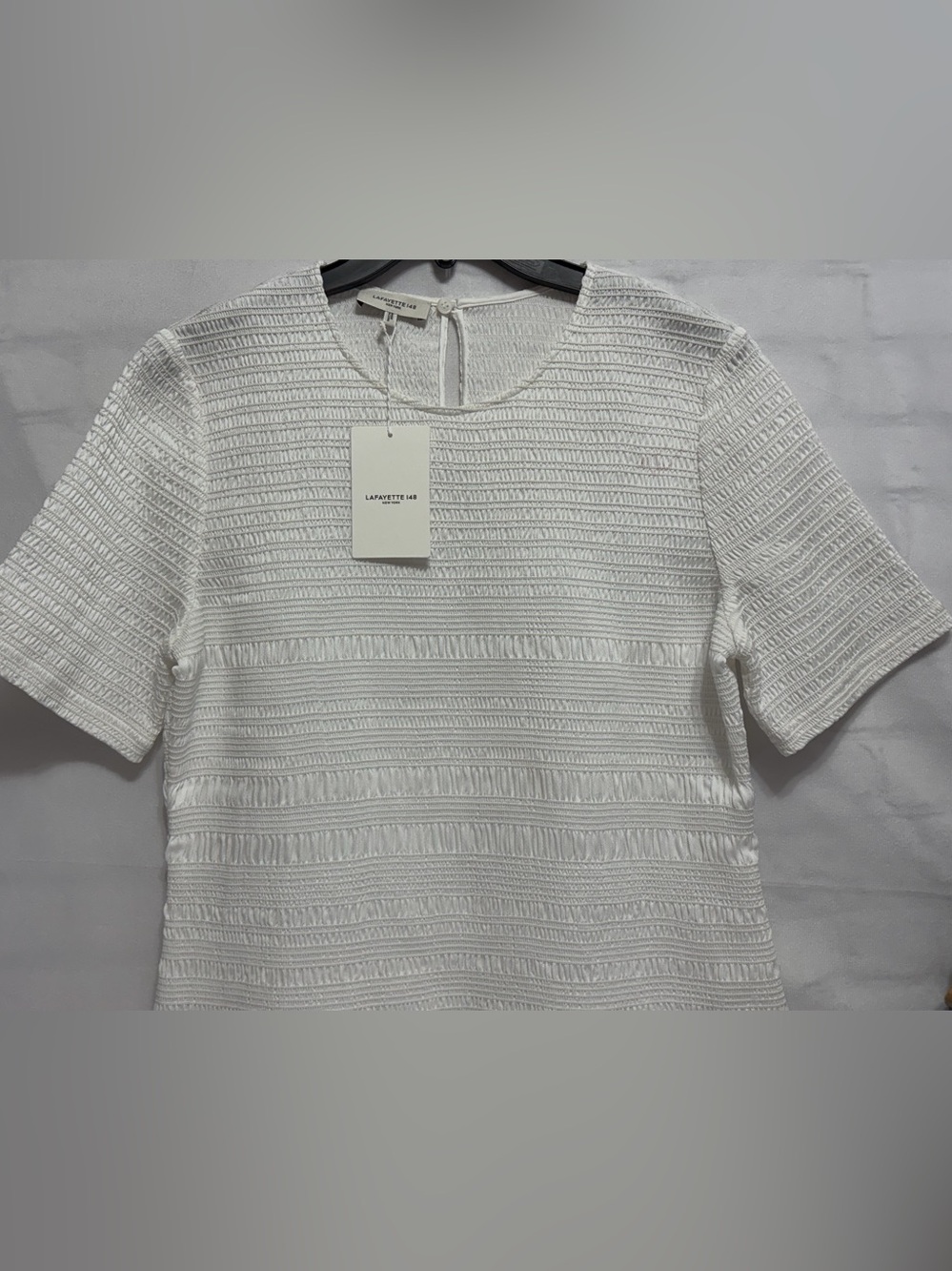 Lafayette 148 New York Women's Short Sleeve Cloud White Smocked Top Size XL
